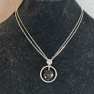 Etienne Aigner Silver Tone Double Chain Pendant Necklace – Black Stone